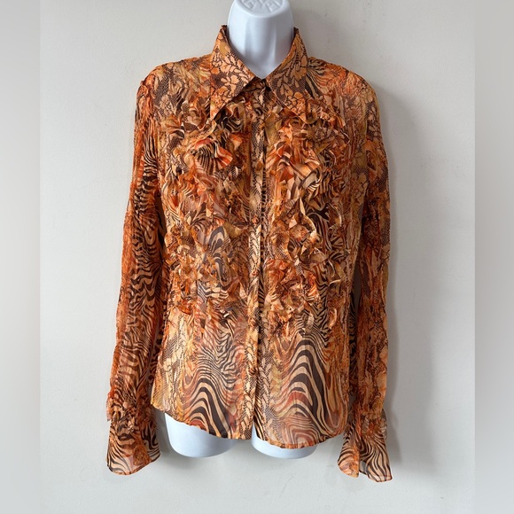 Y2K Sheer Fringe Mix Animal Print Button Down Top With Flare Sleeve Detail Sz L - Picture 3 of 8